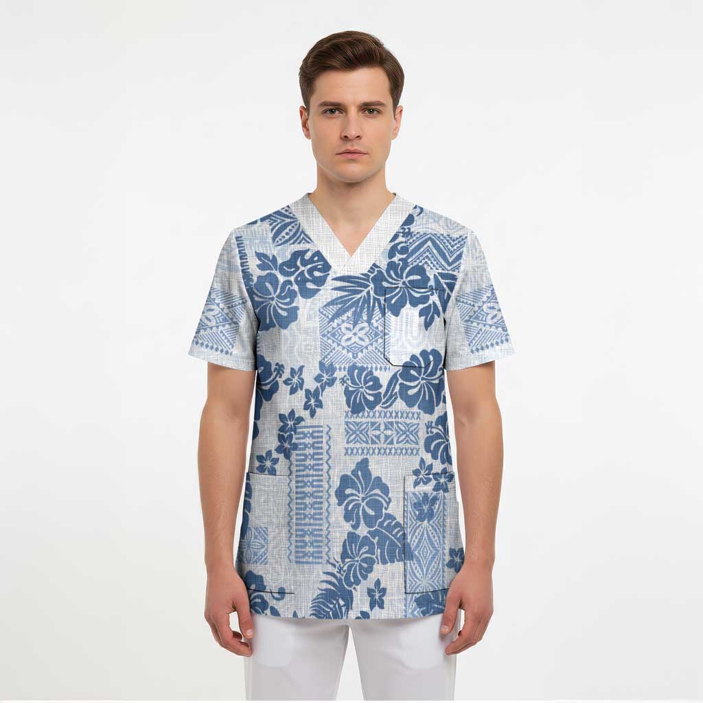Vintage Hawaii Scrub Top Hibiscus Tapa Tribal With Hawaiian Quilt Pattern Blue LT9 - Polynesian Pride
