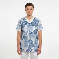 Vintage Hawaii Scrub Top Hibiscus Tapa Tribal With Hawaiian Quilt Pattern Blue LT9 - Polynesian Pride