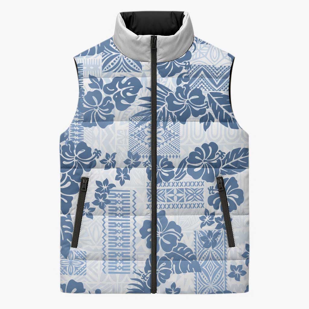 Vintage Hawaii Sleeveless Puffer Jacket Hibiscus Tapa Tribal With Hawaiian Quilt Pattern Blue LT9 Unisex Blue - Polynesian Pride