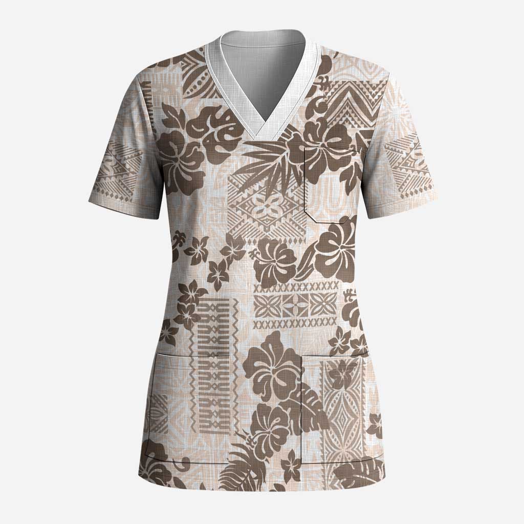 Vintage Hawaii Scrub Top Hibiscus Tapa Tribal With Hawaiian Quilt Pattern Gold LT9 Adult Gold - Polynesian Pride