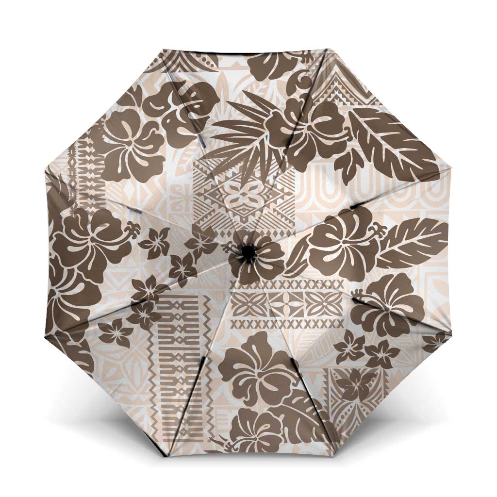 Vintage Hawaii Umbrella Hibiscus Tapa Tribal With Hawaiian Quilt Pattern Gold LT9 One Size Folded 11.42 inch Opened Diameter 37.4 inch Gold - Polynesian Pride