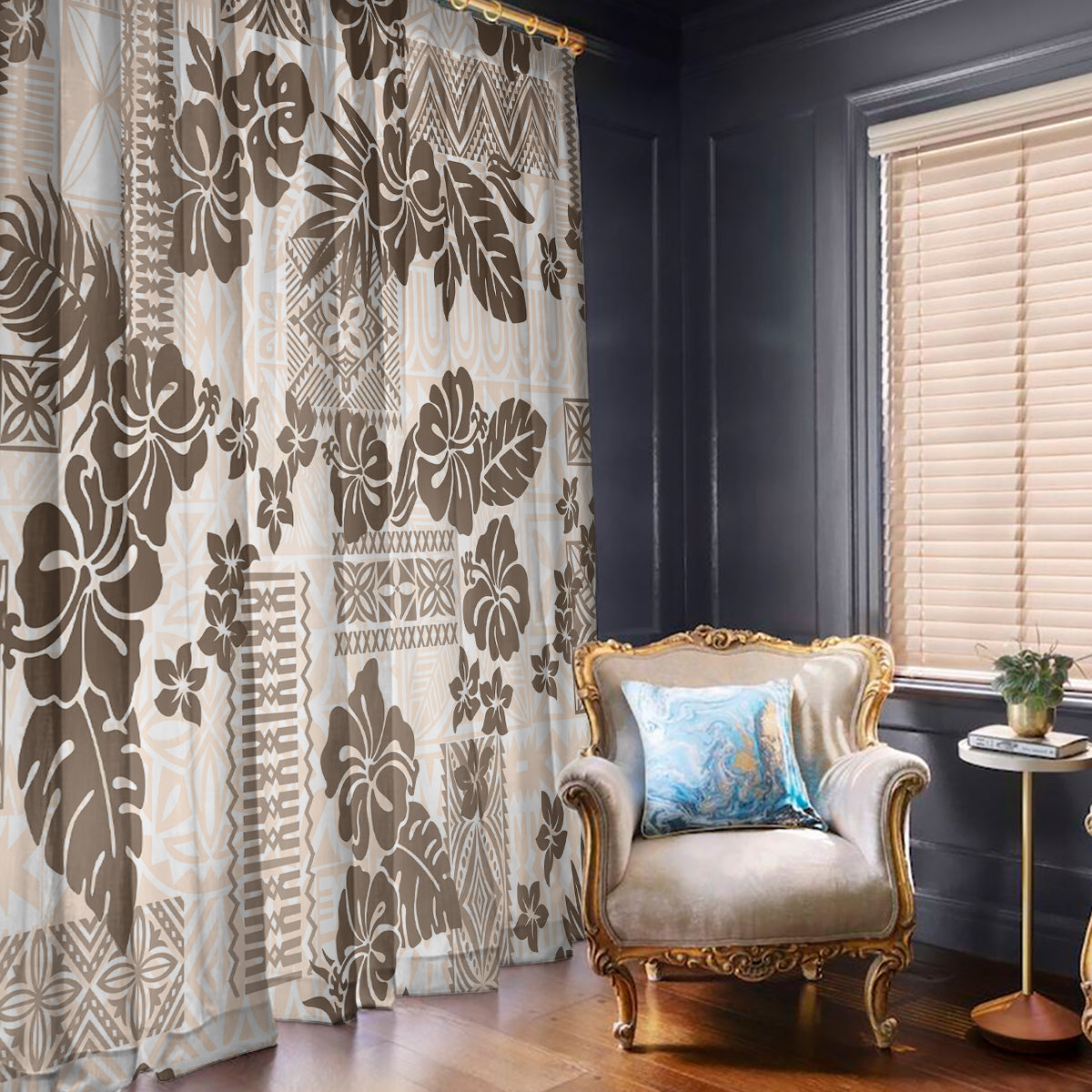 Vintage Hawaii Window Curtain - Hibiscus Tapa Tribal With Hawaiian Quilt Pattern Gold LT9 With Hooks Gold - Polynesian Pride
