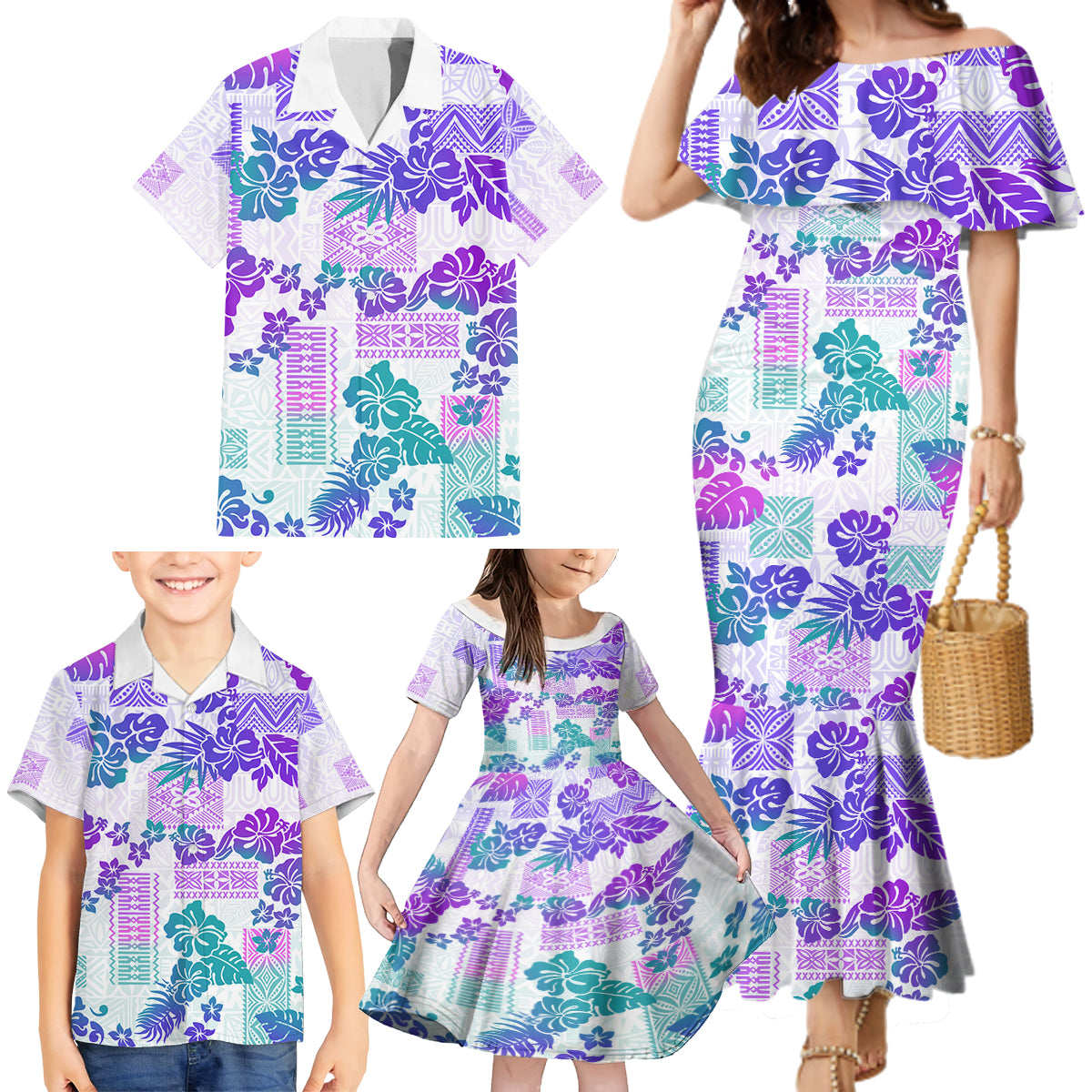 Vintage Hawaii Family Matching Mermaid Dress and Hawaiian Shirt Hibiscus Tapa Tribal With Hawaiian Quilt Pattern Purple LT9 - Polynesian Pride