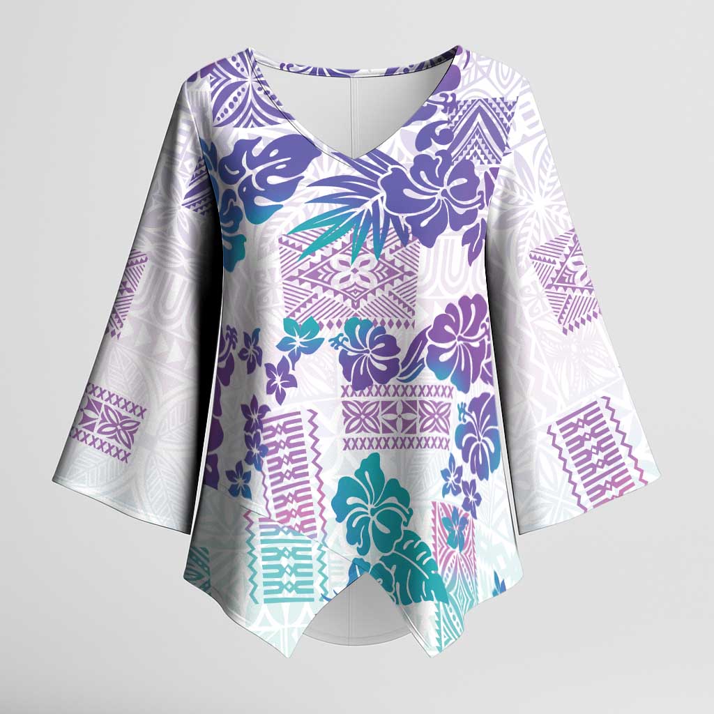 Vintage Hawaii Kimono Sleeve Blouse Hibiscus Tapa Tribal With Hawaiian Quilt Pattern Purple LT9 Female Purple - Polynesian Pride