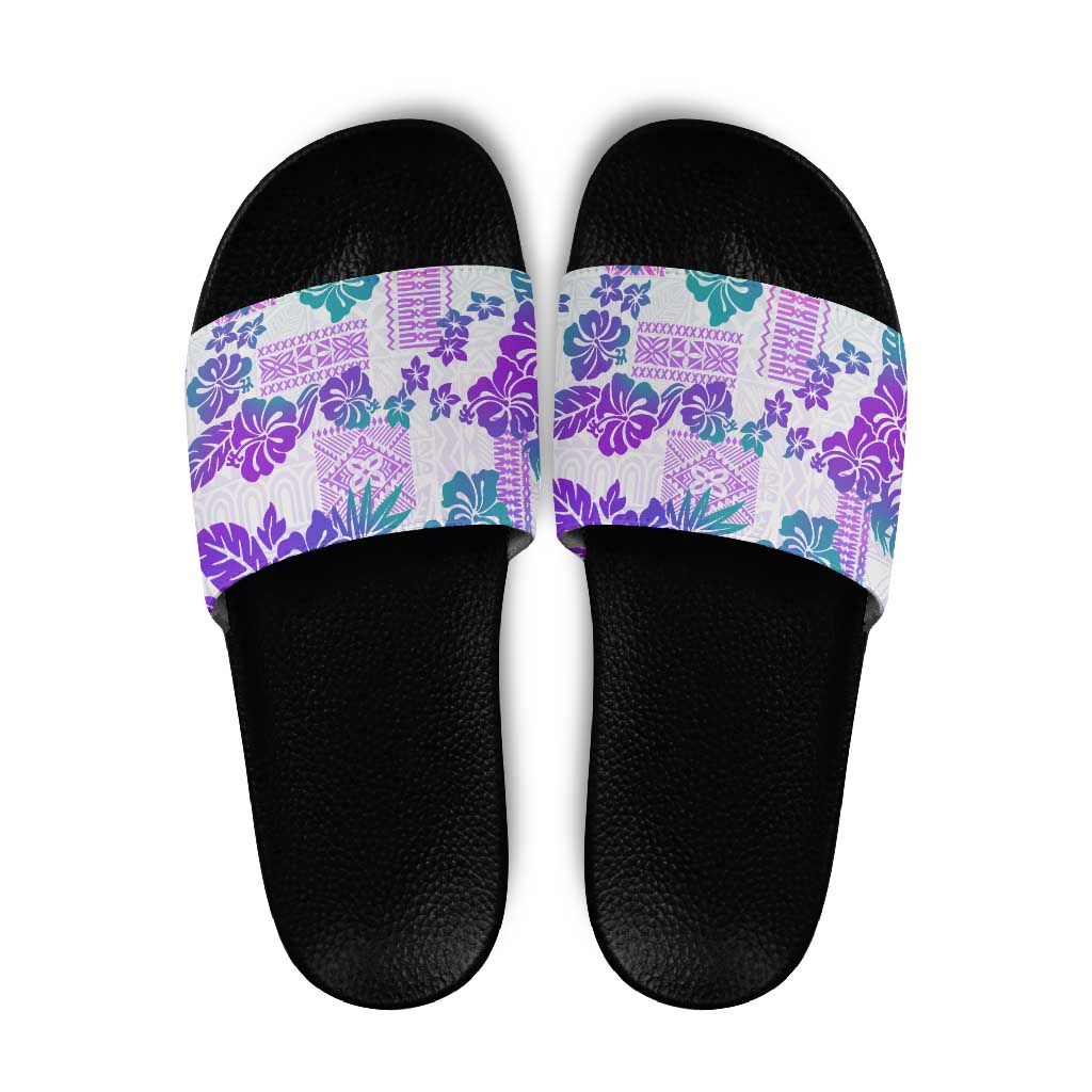 Vintage Hawaii Slide Sandals Hibiscus Tapa Tribal With Hawaiian Quilt Pattern Purple LT9 Purple - Polynesian Pride