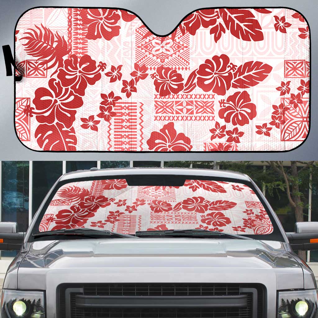 Vintage Hawaii Auto Sun Shade Hibiscus Tapa Tribal With Hawaiian Quilt Pattern Red LT9 Red - Polynesian Pride