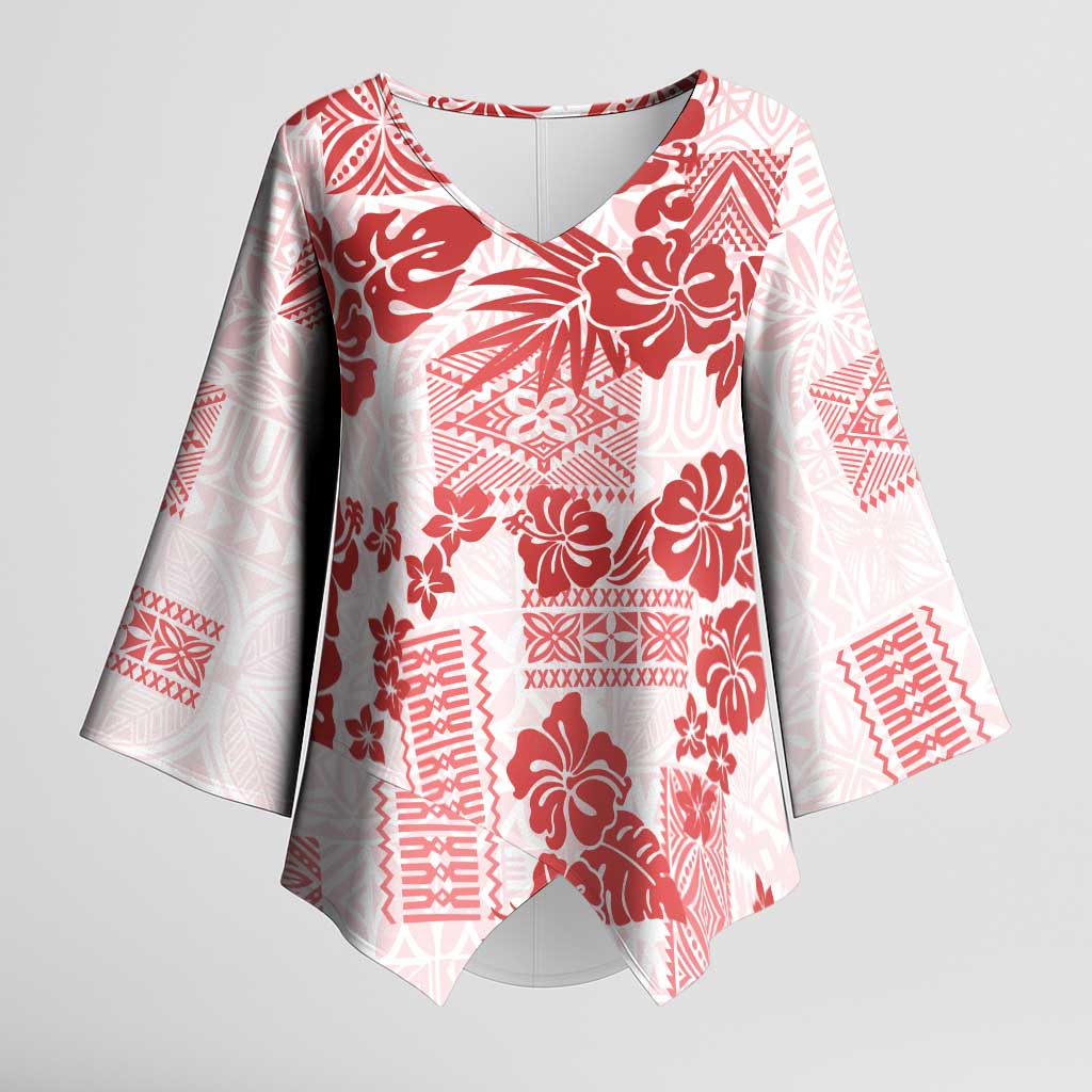 Vintage Hawaii Kimono Sleeve Blouse Hibiscus Tapa Tribal With Hawaiian Quilt Pattern Red LT9 Female Red - Polynesian Pride
