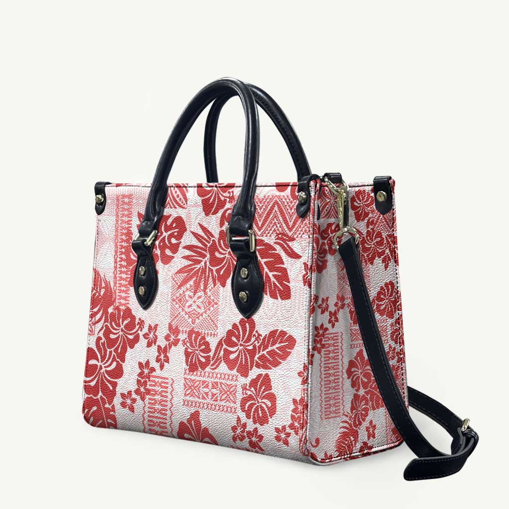 Vintage Hawaii Leather Bag Hibiscus Tapa Tribal With Hawaiian Quilt Pattern Red LT9 Red - Polynesian Pride