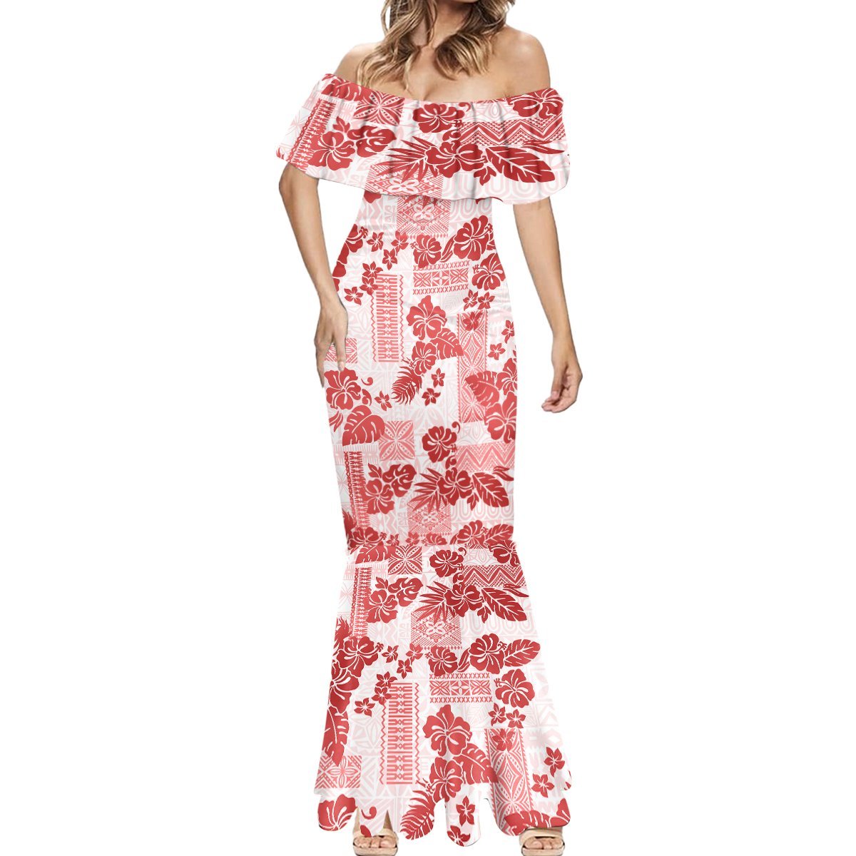 Vintage Hawaii Mermaid Dress Hibiscus Tapa Tribal With Hawaiian Quilt Pattern Red LT9 - Polynesian Pride
