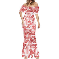 Vintage Hawaii Mermaid Dress Hibiscus Tapa Tribal With Hawaiian Quilt Pattern Red LT9 - Polynesian Pride