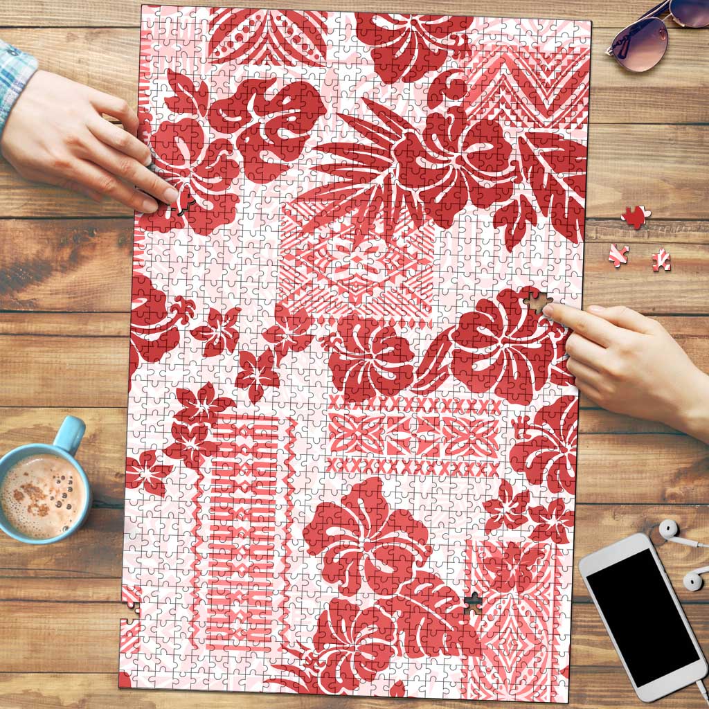 Vintage Hawaii Puzzle Hibiscus Tapa Tribal With Hawaiian Quilt Pattern Red LT9 Red - Polynesian Pride