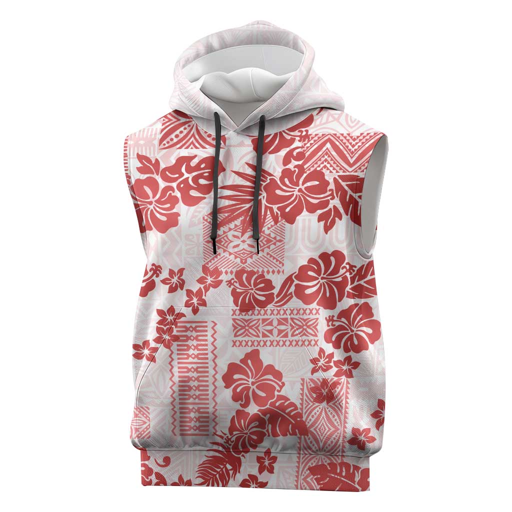 Vintage Hawaii Sleeveless Hoodie Hibiscus Tapa Tribal With Hawaiian Quilt Pattern Red LT9 Red - Polynesian Pride