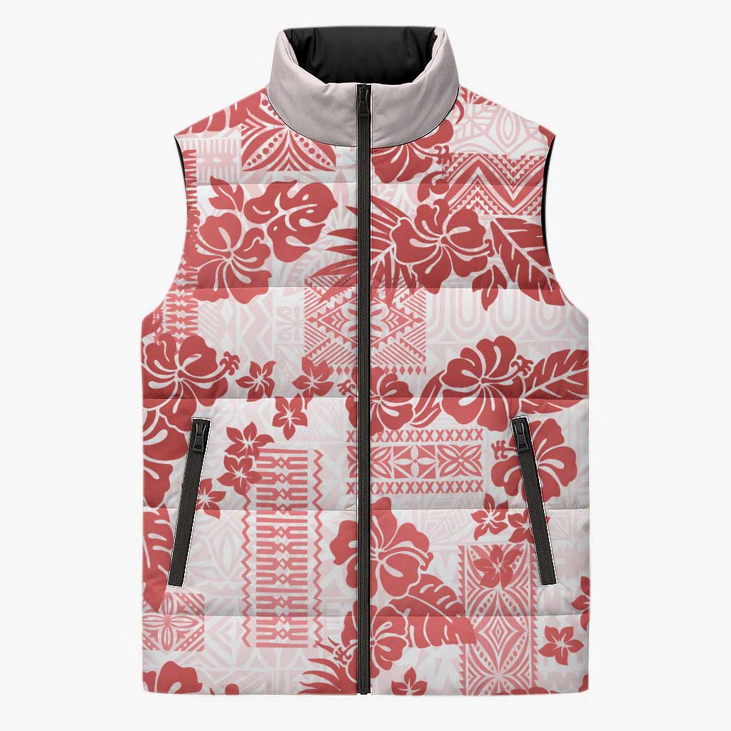 Vintage Hawaii Sleeveless Puffer Jacket Hibiscus Tapa Tribal With Hawaiian Quilt Pattern Red LT9 Unisex Red - Polynesian Pride