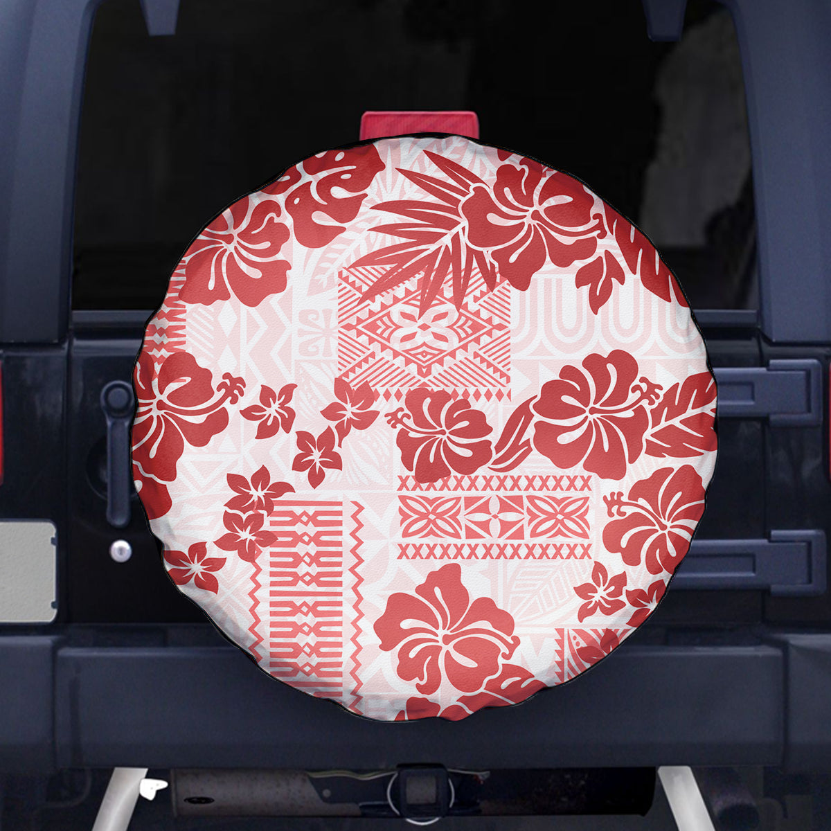 Vintage Hawaii Spare Tire Cover Hibiscus Tapa Tribal With Hawaiian Quilt Pattern Red LT9 Red - Polynesian Pride