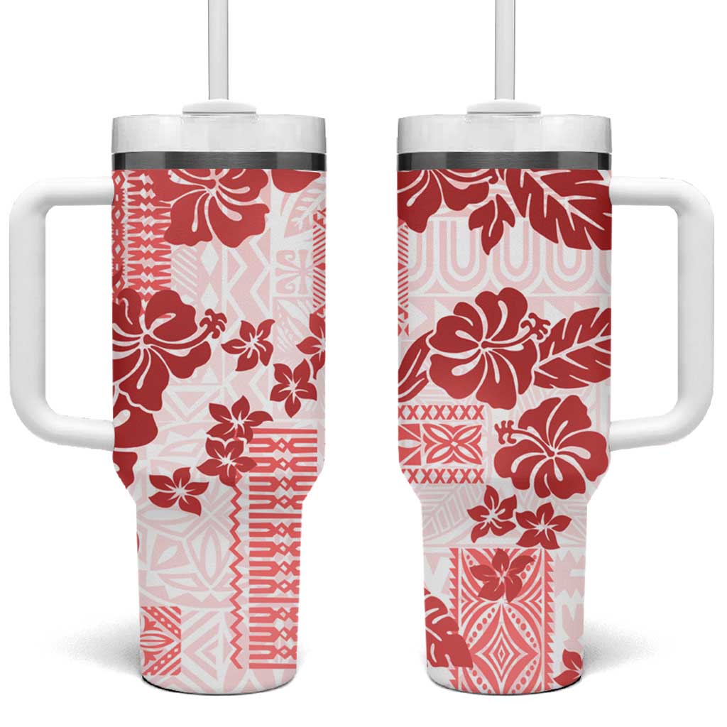Vintage Hawaii Tumbler With Handle Hibiscus Tapa Tribal With Hawaiian Quilt Pattern Red LT9 One Size: 40 oz Red - Polynesian Pride