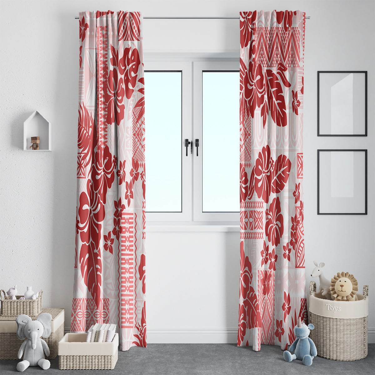 Vintage Hawaii Window Curtain Hibiscus Tapa Tribal With Hawaiian Quilt Pattern Red LT9 - Polynesian Pride