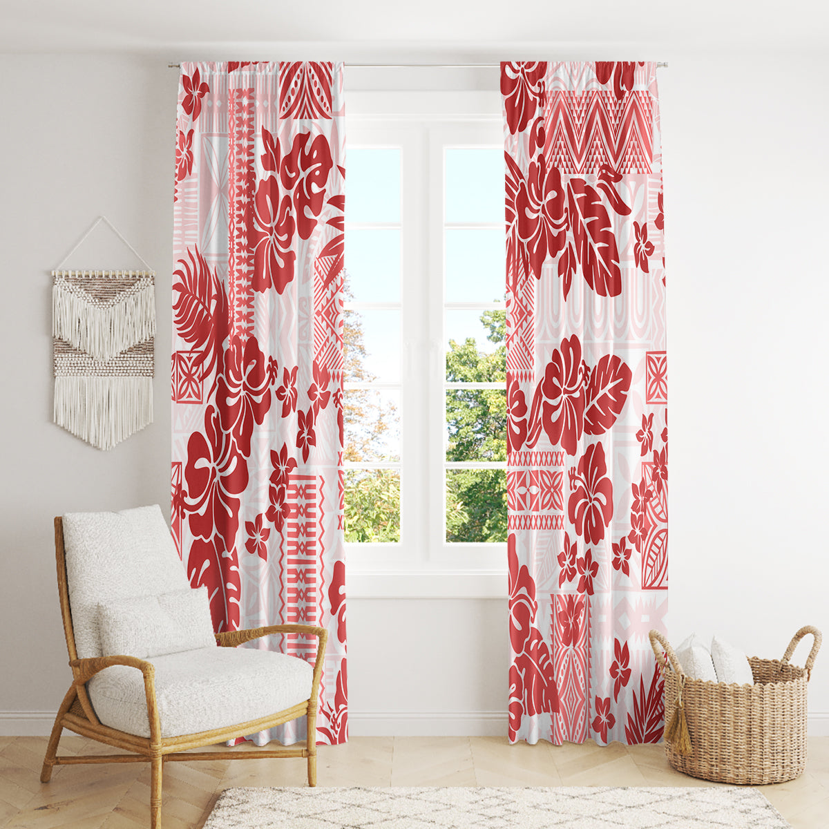 Vintage Hawaii Window Curtain Hibiscus Tapa Tribal With Hawaiian Quilt Pattern Red LT9 - Polynesian Pride