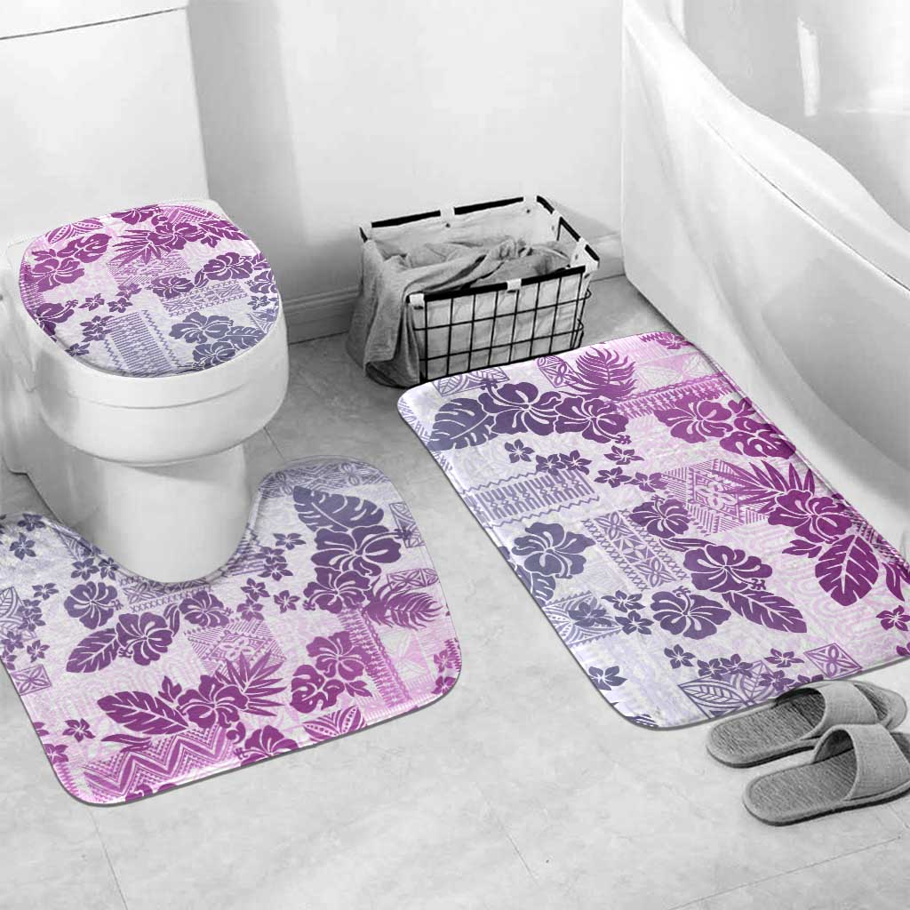 Vintage Hawaii Bathroom Set Hibiscus Tapa Tribal With Hawaiian Quilt Pattern Violet LT9 Mat Set Only (3 pcs) One Size Violet - Polynesian Pride