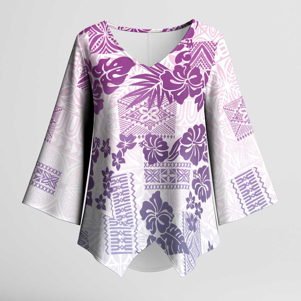 Vintage Hawaii Kimono Sleeve Blouse Hibiscus Tapa Tribal With Hawaiian Quilt Pattern Violet LT9 Female Violet - Polynesian Pride
