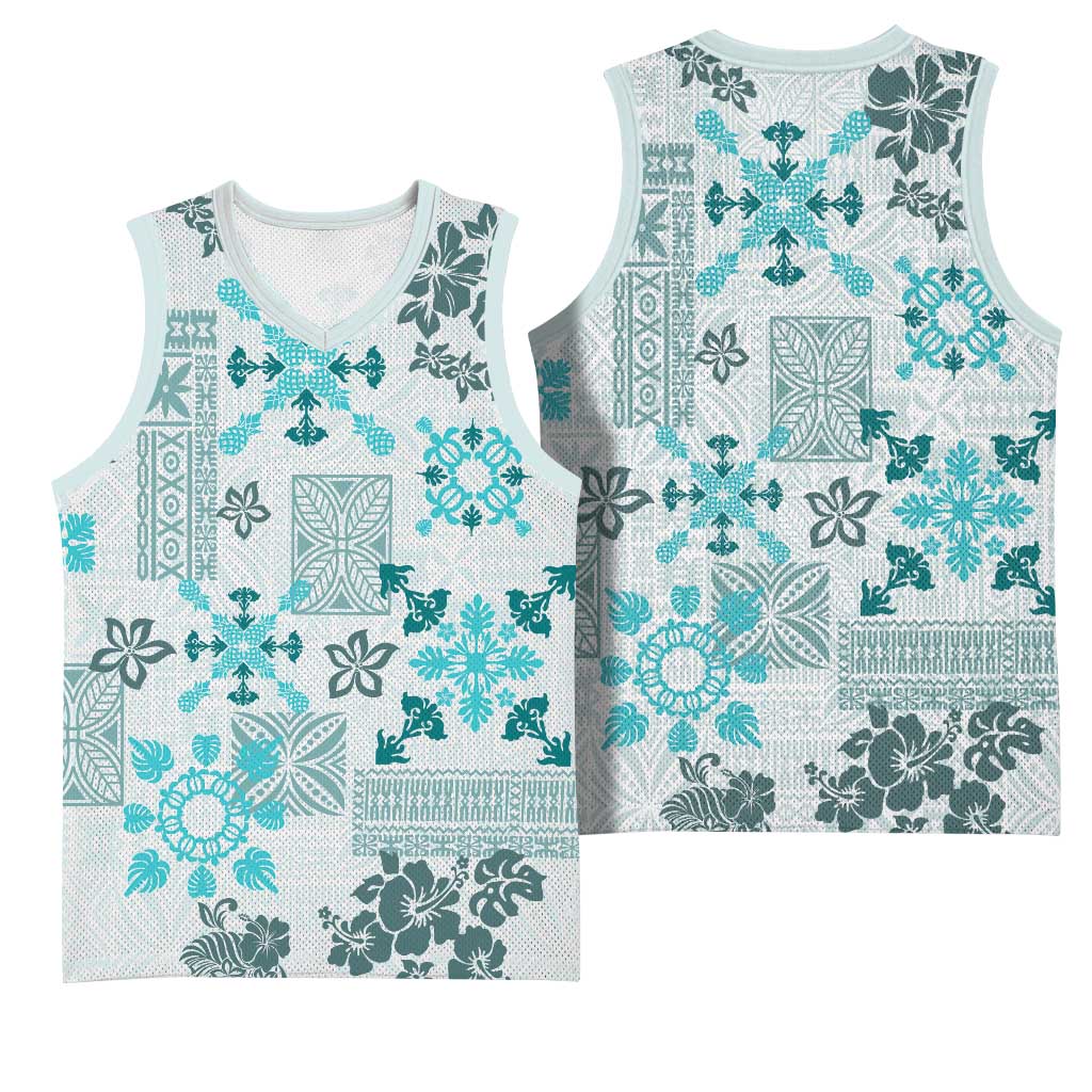 Hawaii Tapa Tribal Basketball Jersey With Hawaiian Quilt Pattern Aqua LT9 - Polynesian Pride