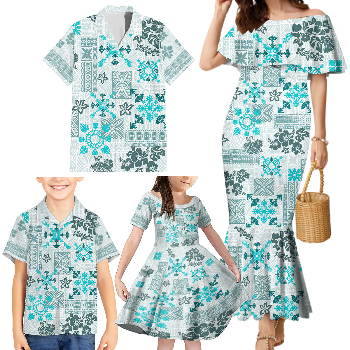 Hawaii Tapa Tribal Family Matching Mermaid Dress and Hawaiian Shirt With Hawaiian Quilt Pattern Aqua LT9 - Polynesian Pride