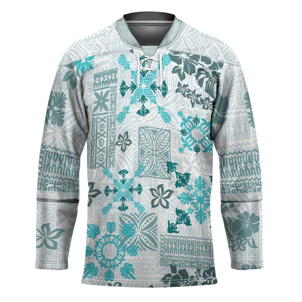 Hawaii Tapa Tribal Hockey Jersey With Hawaiian Quilt Pattern Aqua LT9 Unisex Aqua - Polynesian Pride