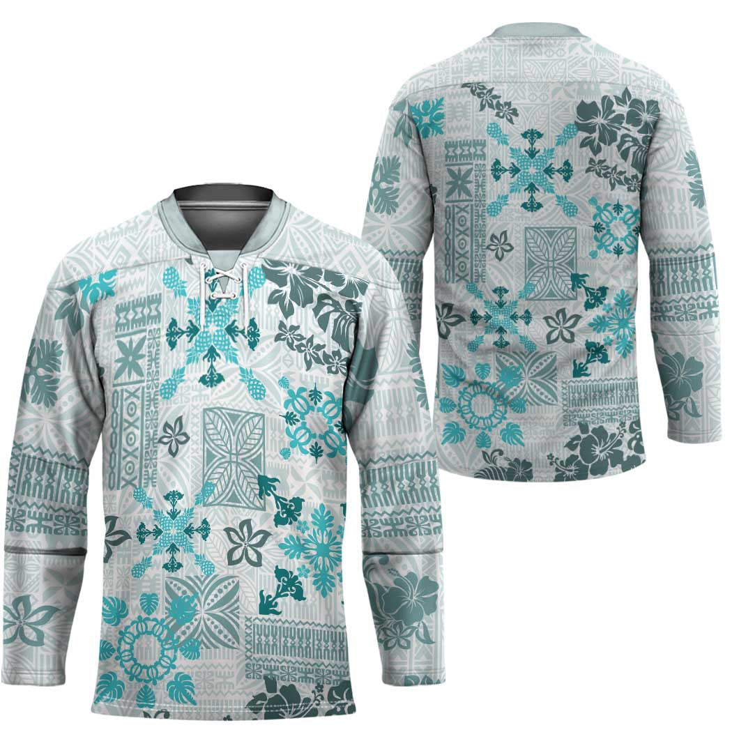 Hawaii Tapa Tribal Hockey Jersey With Hawaiian Quilt Pattern Aqua LT9 - Polynesian Pride