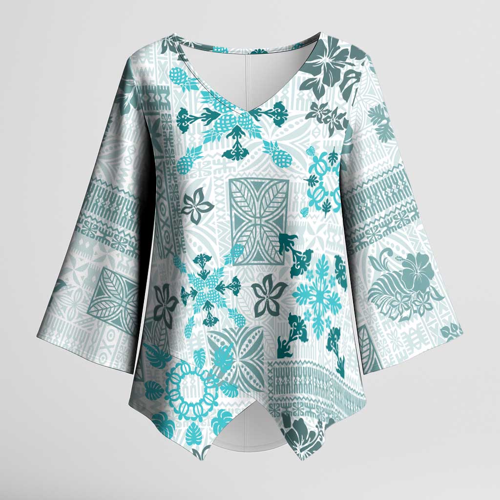 Hawaii Tapa Tribal Kimono Sleeve Blouse With Hawaiian Quilt Pattern Aqua LT9 Female Aqua - Polynesian Pride