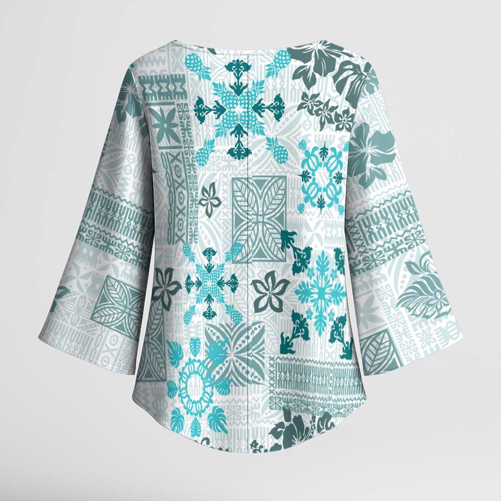 Hawaii Tapa Tribal Kimono Sleeve Blouse With Hawaiian Quilt Pattern Aqua LT9 - Polynesian Pride