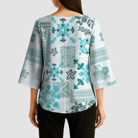 Hawaii Tapa Tribal Kimono Sleeve Blouse With Hawaiian Quilt Pattern Aqua LT9 - Polynesian Pride