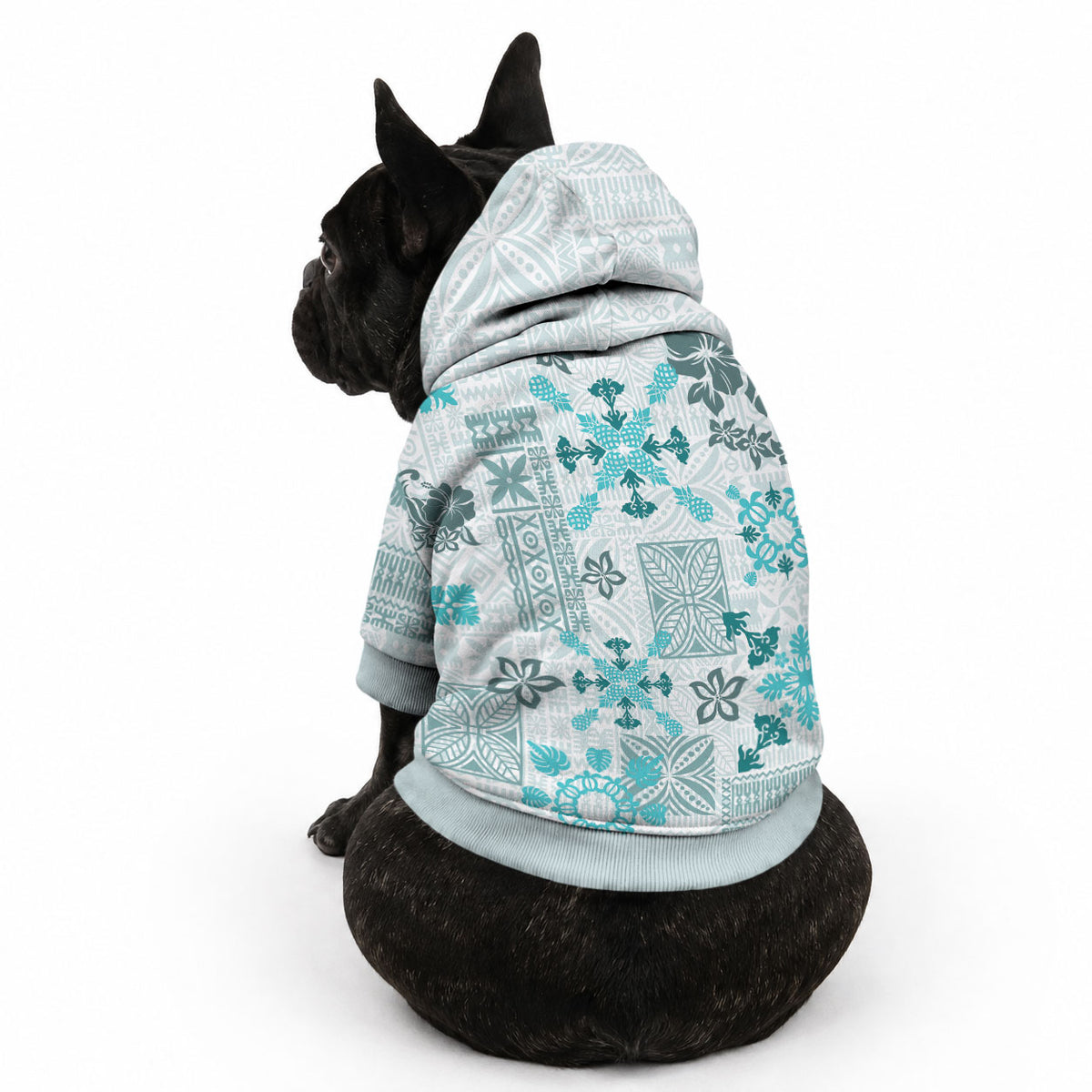 Hawaii Tapa Tribal Pet Hoodie With Hawaiian Quilt Pattern Aqua LT9 - Polynesian Pride