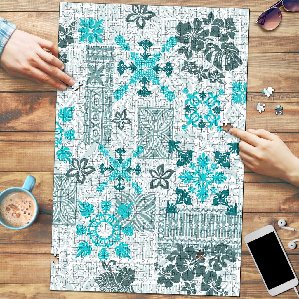 Hawaii Tapa Tribal Puzzle With Hawaiian Quilt Pattern Aqua LT9 Aqua - Polynesian Pride