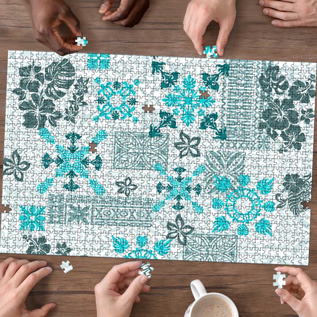 Hawaii Tapa Tribal Puzzle With Hawaiian Quilt Pattern Aqua LT9 - Polynesian Pride