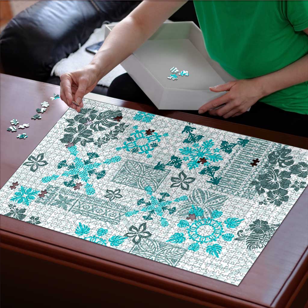 Hawaii Tapa Tribal Puzzle With Hawaiian Quilt Pattern Aqua LT9 - Polynesian Pride