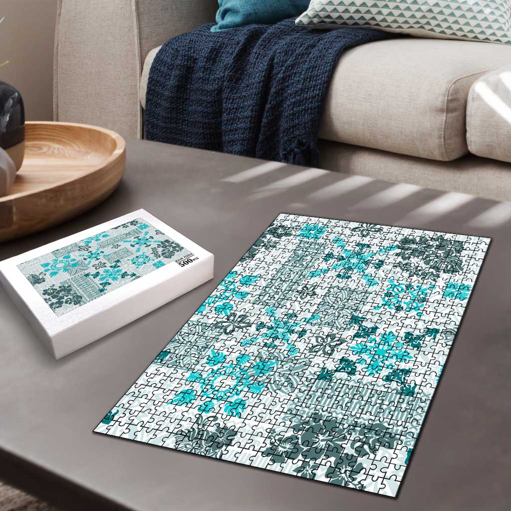 Hawaii Tapa Tribal Puzzle With Hawaiian Quilt Pattern Aqua LT9 - Polynesian Pride