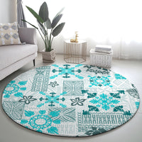 Hawaii Tapa Tribal Round Carpet With Hawaiian Quilt Pattern Aqua LT9 - Polynesian Pride