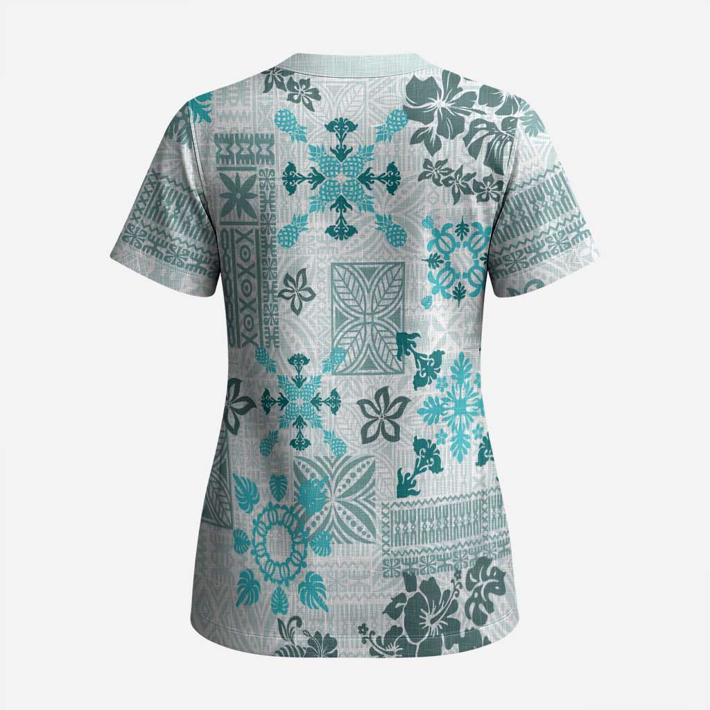 Hawaii Tapa Tribal Scrub Top With Hawaiian Quilt Pattern Aqua LT9 - Polynesian Pride