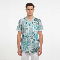 Hawaii Tapa Tribal Scrub Top With Hawaiian Quilt Pattern Aqua LT9 - Polynesian Pride