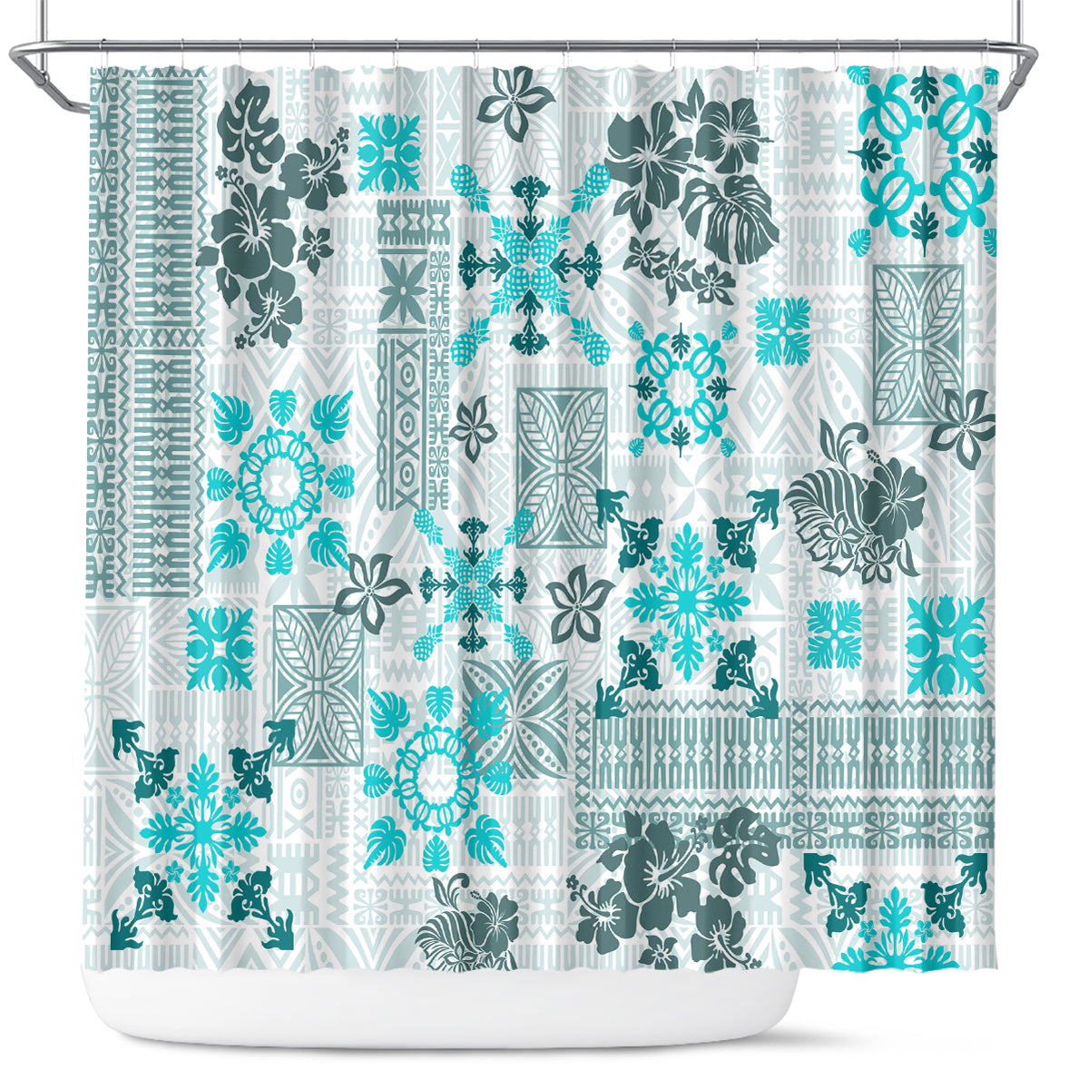 Hawaii Tapa Tribal Shower Curtain With Hawaiian Quilt Pattern Aqua LT9 Aqua - Polynesian Pride