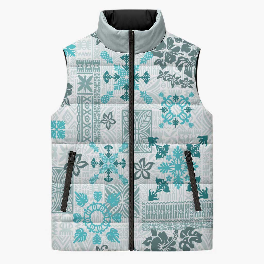 Hawaii Tapa Tribal Sleeveless Puffer Jacket With Hawaiian Quilt Pattern Aqua LT9 Unisex Aqua - Polynesian Pride