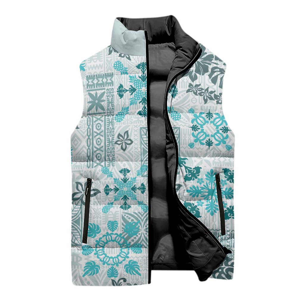 Hawaii Tapa Tribal Sleeveless Puffer Jacket With Hawaiian Quilt Pattern Aqua LT9 - Polynesian Pride