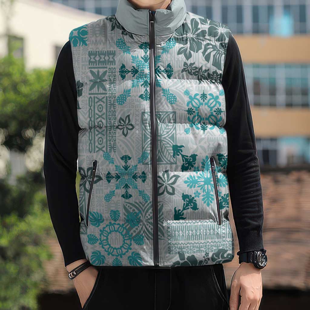 Hawaii Tapa Tribal Sleeveless Puffer Jacket With Hawaiian Quilt Pattern Aqua LT9 - Polynesian Pride