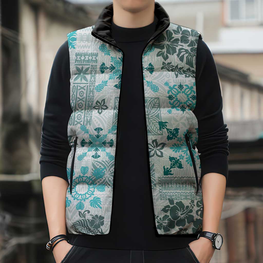 Hawaii Tapa Tribal Sleeveless Puffer Jacket With Hawaiian Quilt Pattern Aqua LT9 - Polynesian Pride