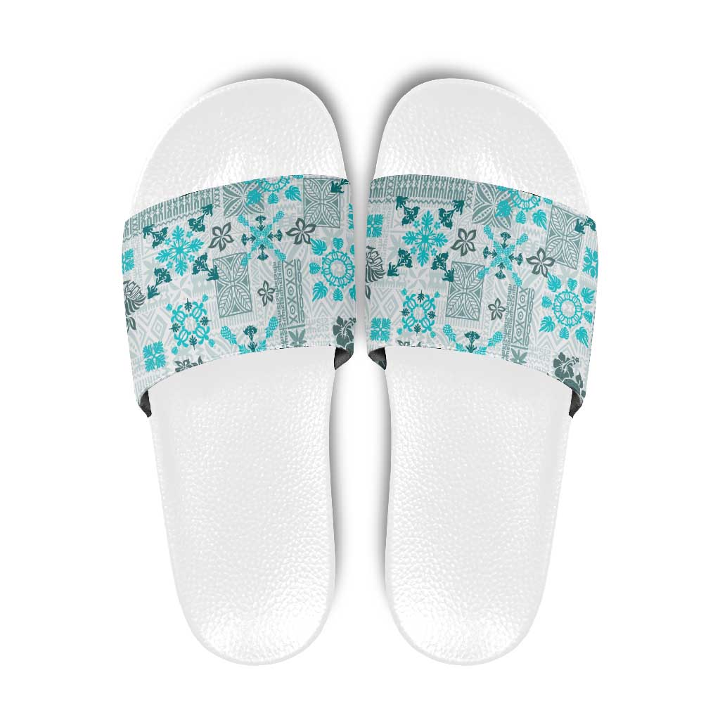 Hawaii Tapa Tribal Slide Sandals With Hawaiian Quilt Pattern Aqua LT9 Aqua - Polynesian Pride