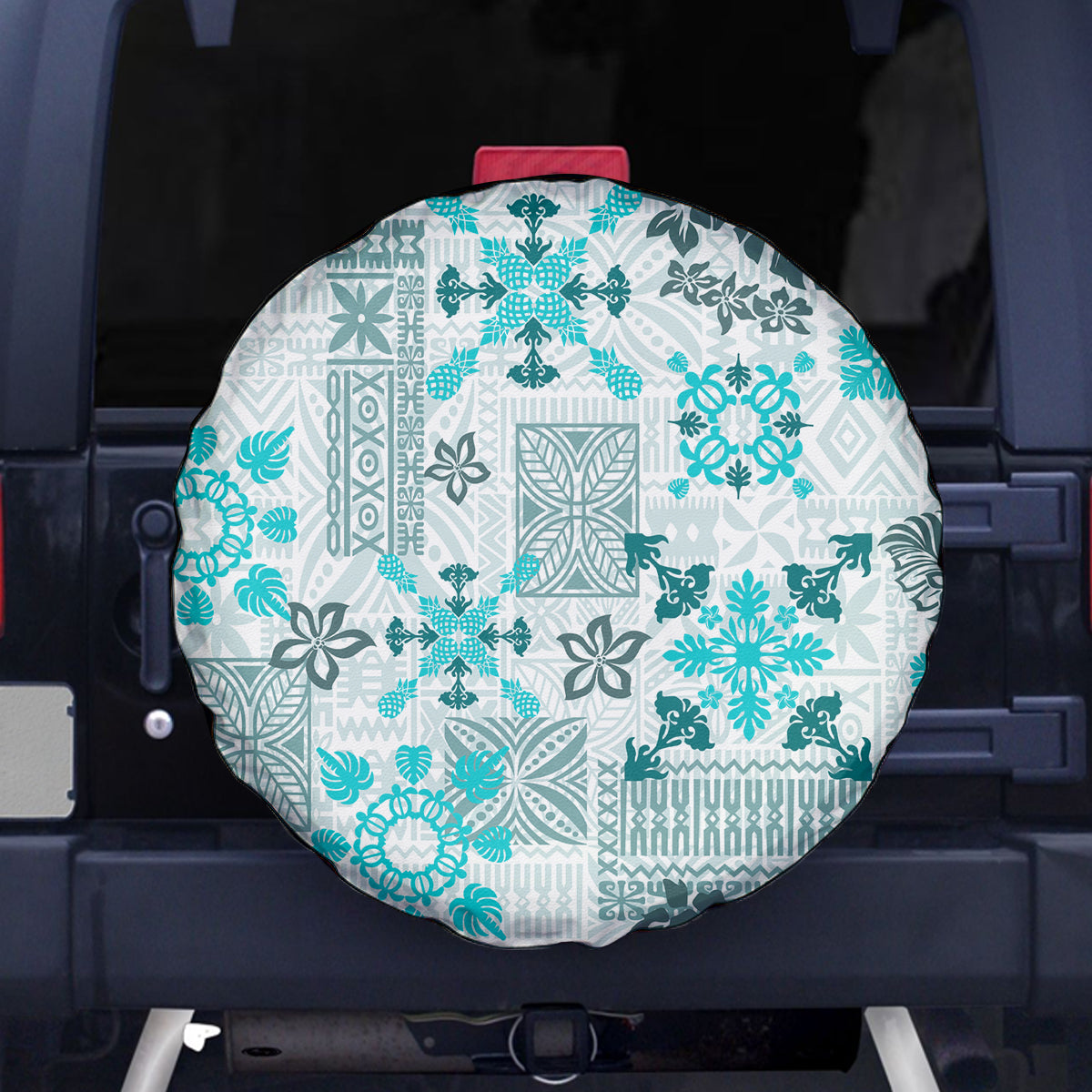 Hawaii Tapa Tribal Spare Tire Cover With Hawaiian Quilt Pattern Aqua LT9 Aqua - Polynesian Pride