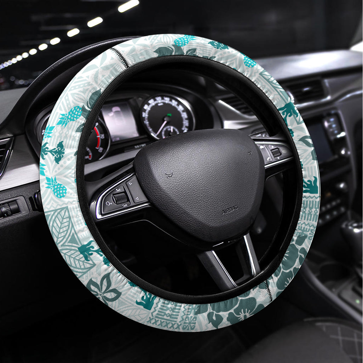 Hawaii Tapa Tribal Steering Wheel Cover With Hawaiian Quilt Pattern Aqua