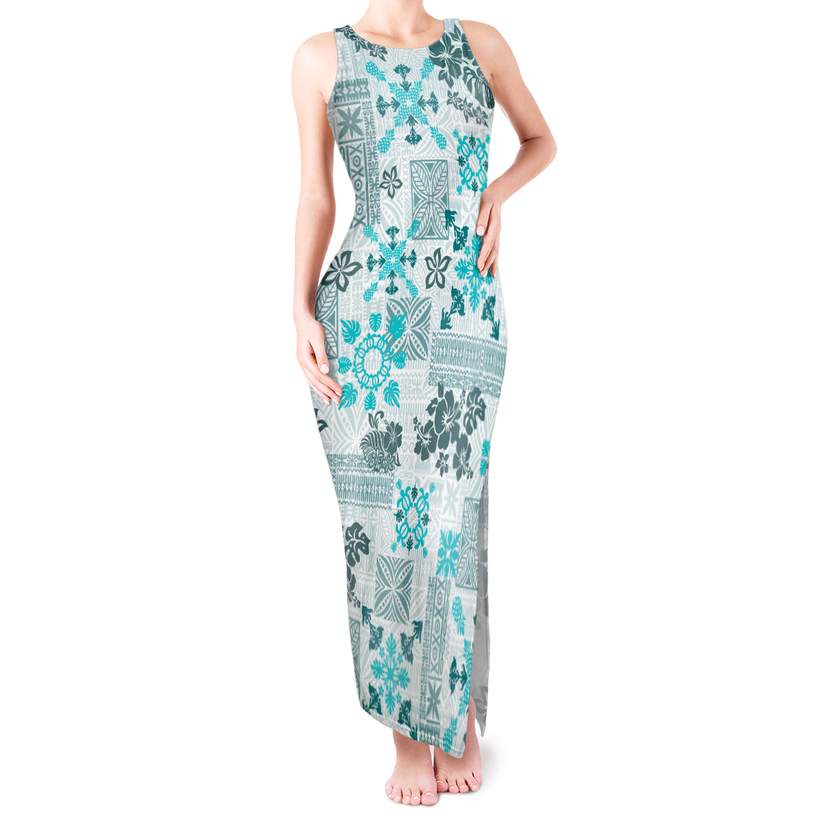 Hawaii Tapa Tribal Tank Maxi Dress With Hawaiian Quilt Pattern Aqua LT9 Women Aqua - Polynesian Pride