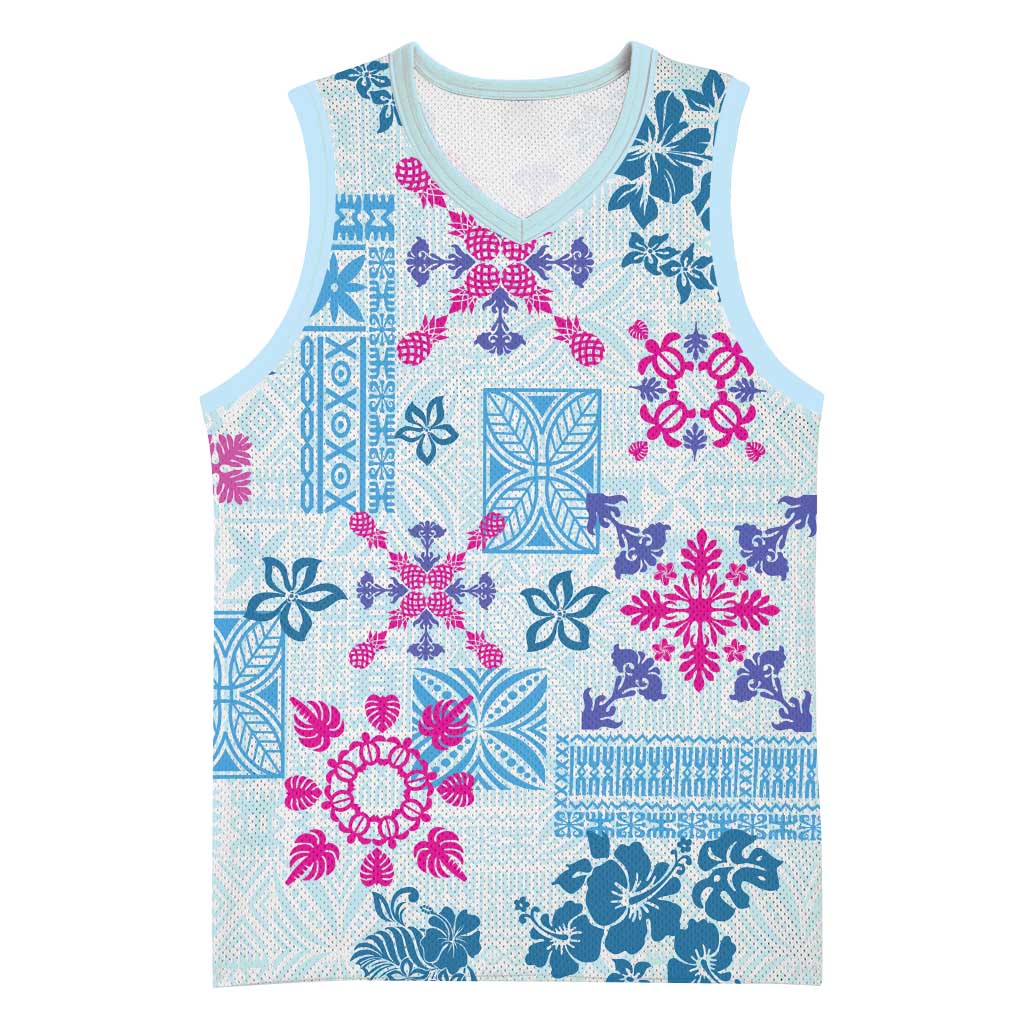 Hawaii Tapa Tribal Basketball Jersey With Hawaiian Quilt Pattern Blue LT9 Unisex Blue - Polynesian Pride