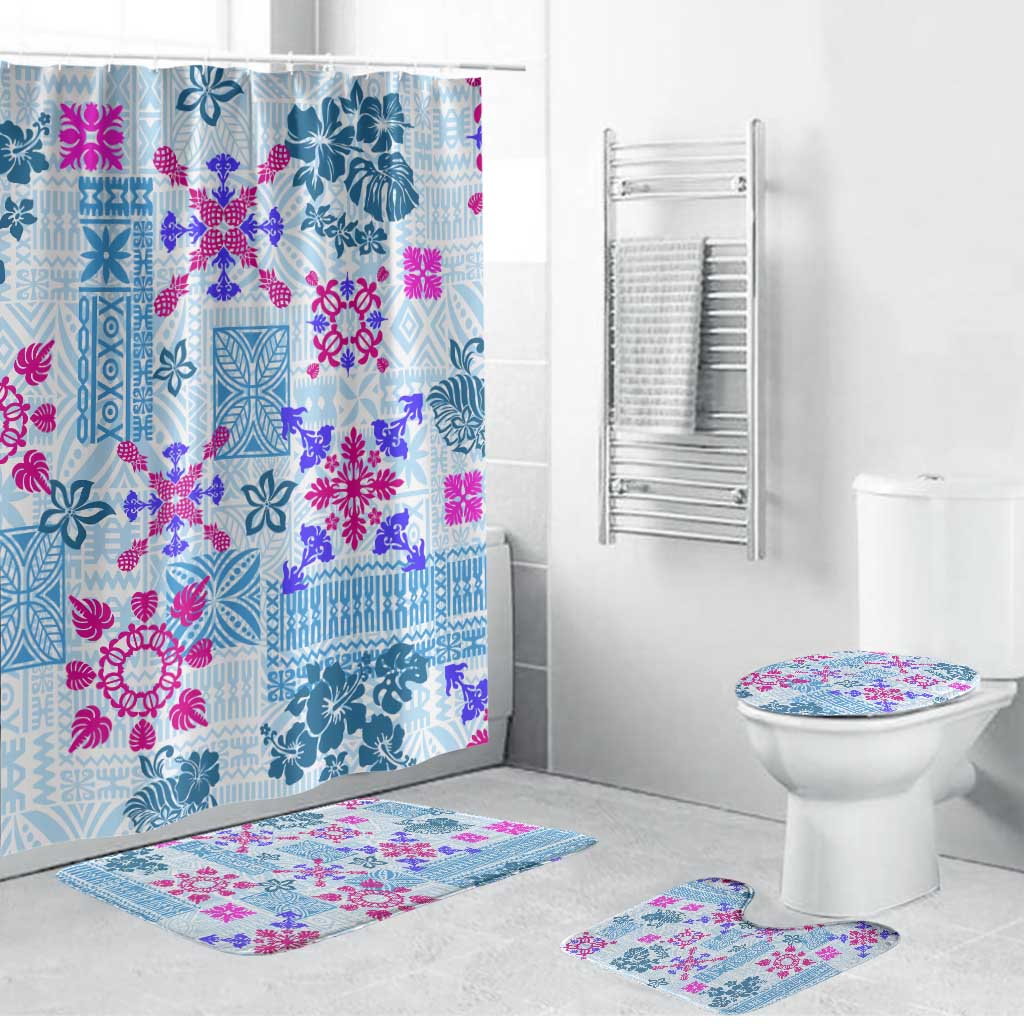 Hawaii Tapa Tribal Bathroom Set With Hawaiian Quilt Pattern Blue LT9 Bathroom Set (4 pcs) Blue - Polynesian Pride