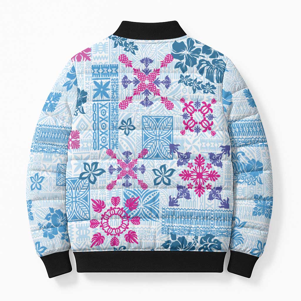 Hawaii Tapa Tribal Bomber Puffer Jacket With Hawaiian Quilt Pattern Blue LT9 - Polynesian Pride